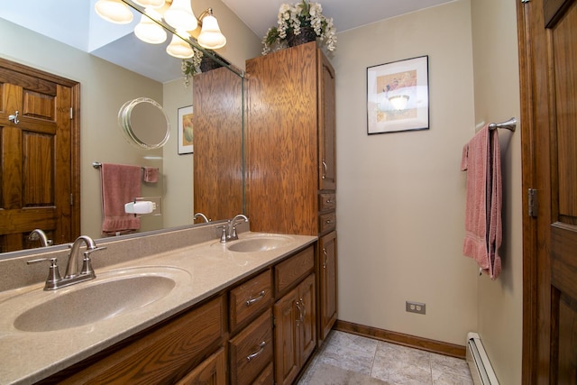 15630 Le Claire Ave, Oak Forest, IL 60452 - bathroom with baseboard heating, double vanity, and a chandelier