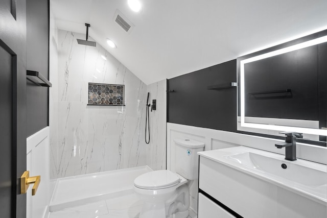 2305 W 111th Pl, Chicago, IL 60643 - full bath with lofted ceiling, vanity, a marble finish shower, and marble look tiles