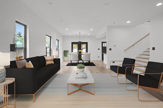 2305 W 111th Pl, Chicago, IL 60643 - living area featuring light wood finished floors, recessed lighting, and stairs
