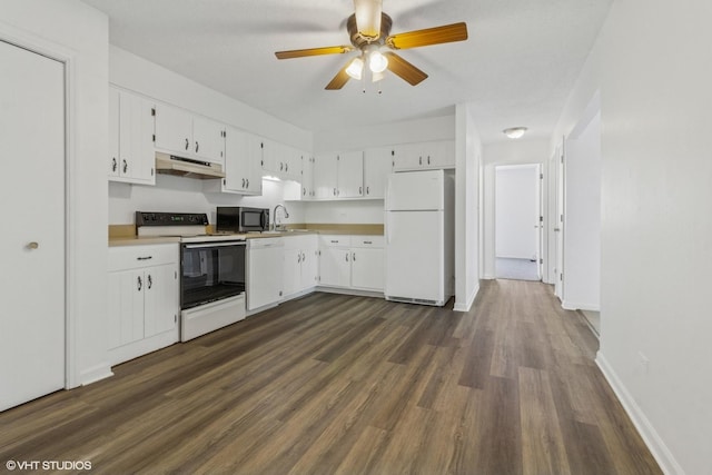214 Madison St Unit 3A, Joliet, IL 60435 - kitchen with white appliances, under cabinet range hood, white cabinetry, a ceiling fan, and dark wood finished floors