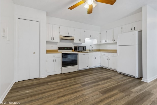 214 Madison St Unit 3A, Joliet, IL 60435 - kitchen with white appliances, under cabinet range hood, ceiling fan, dark wood-style flooring, and white cabinetry