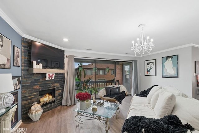48 Parliament Dr W Unit 132, Palos Heights, IL 60463 - living area with ornamental molding, a chandelier, a fireplace, wood finished floors, and recessed lighting
