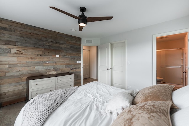 2366 Aurora Dr, Pingree Grove, IL 60140 - bedroom with wooden walls, ensuite bath, carpet floors, and ceiling fan