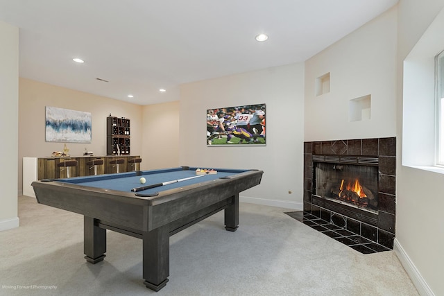 3129 N Oconto Ave, Chicago, IL 60707 - rec room with carpet floors, recessed lighting, billiards, a tile fireplace, and bar