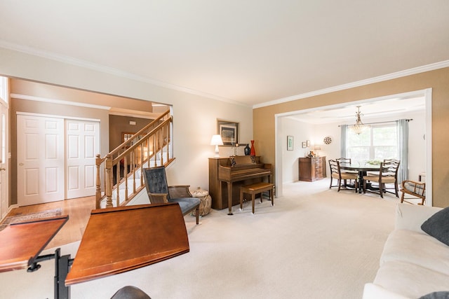 102 Quinlan Ave, Dekalb, IL 60115 - living room with ornamental molding, stairs, and carpet flooring