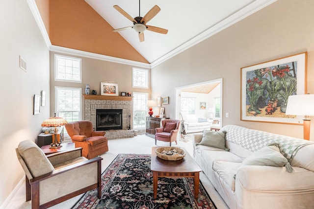 102 Quinlan Ave, Dekalb, IL 60115 - carpeted living area featuring high vaulted ceiling, a ceiling fan, crown molding, and a brick fireplace