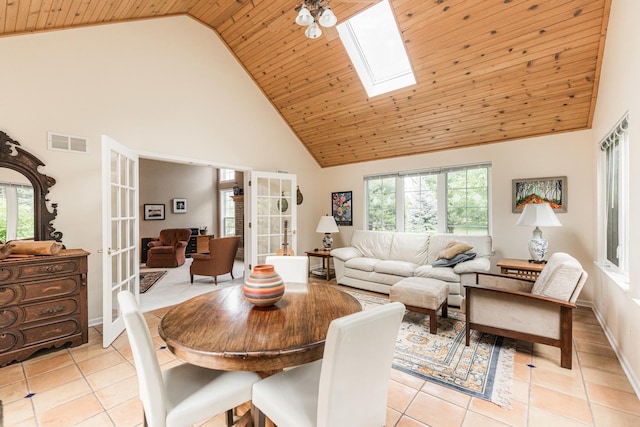 102 Quinlan Ave, Dekalb, IL 60115 - dining room with high vaulted ceiling, light tile patterned floors, wood ceiling, a skylight, and french doors