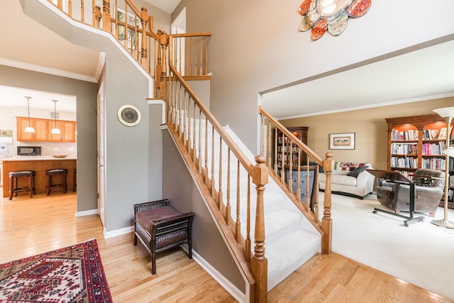 102 Quinlan Ave, Dekalb, IL 60115 - stairway with wood finished floors, a towering ceiling, and ornamental molding