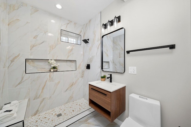 2101 S 48th Ct, Cicero, IL 60804 - bathroom with marble look tiles, vanity, walk in shower, and recessed lighting