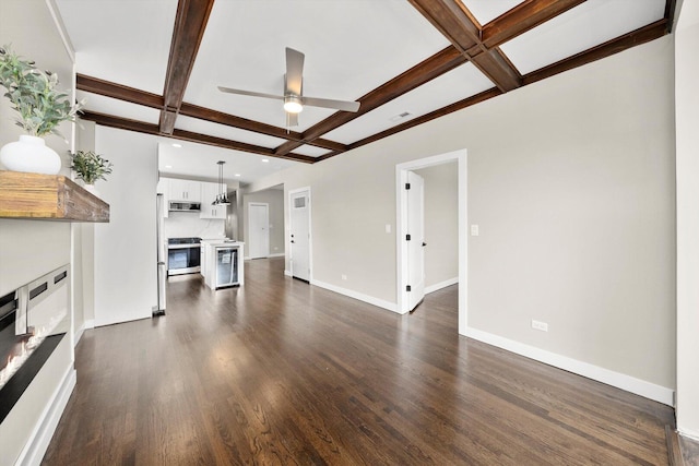 2101 S 48th Ct, Cicero, IL 60804 - unfurnished living room featuring coffered ceiling, a ceiling fan, beamed ceiling, dark wood-style floors, and recessed lighting
