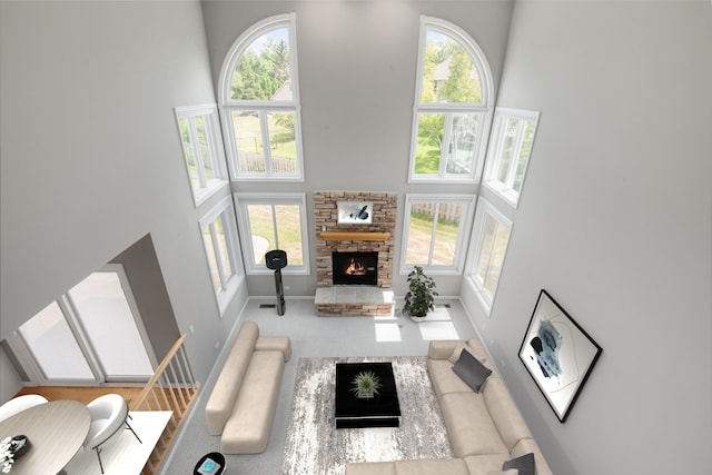 401 Kerry Ct, Prospect Heights, IL 60070 - carpeted living area with a high ceiling and a fireplace