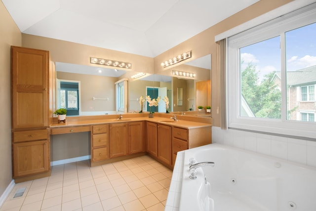 401 Kerry Ct, Prospect Heights, IL 60070 - full bathroom with plenty of natural light, double vanity, a tub with jets, and vaulted ceiling