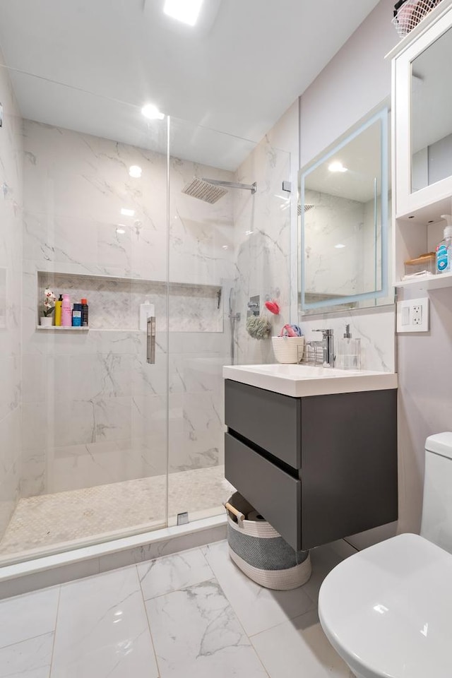 1017 Dell Rd, Northbrook, IL 60062 - bathroom featuring marble finish flooring, a marble finish shower, and vanity