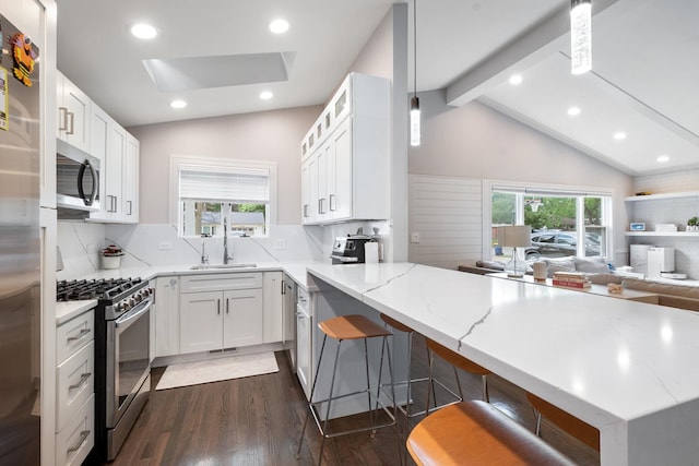 1017 Dell Rd, Northbrook, IL 60062 - kitchen featuring stainless steel appliances, dark wood-style flooring, a peninsula, tasteful backsplash, and recessed lighting