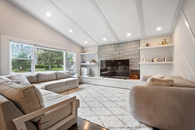 1017 Dell Rd, Northbrook, IL 60062 - living area featuring beamed ceiling, wood finished floors, recessed lighting, and high vaulted ceiling
