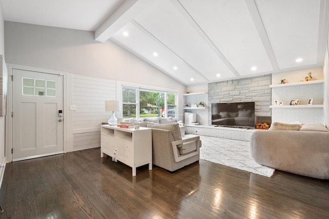 1017 Dell Rd, Northbrook, IL 60062 - living area with dark wood-style flooring, recessed lighting, and a stone fireplace