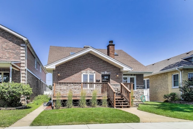 5921 N Navarre Ave, Chicago, IL 60631 - view of front of property featuring brick siding, a chimney, a deck, a front lawn, and a shingled roof