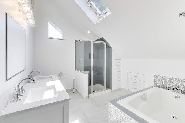 5921 N Navarre Ave, Chicago, IL 60631 - bathroom with a skylight, healthy amount of natural light, a garden tub, a shower stall, and lofted ceiling