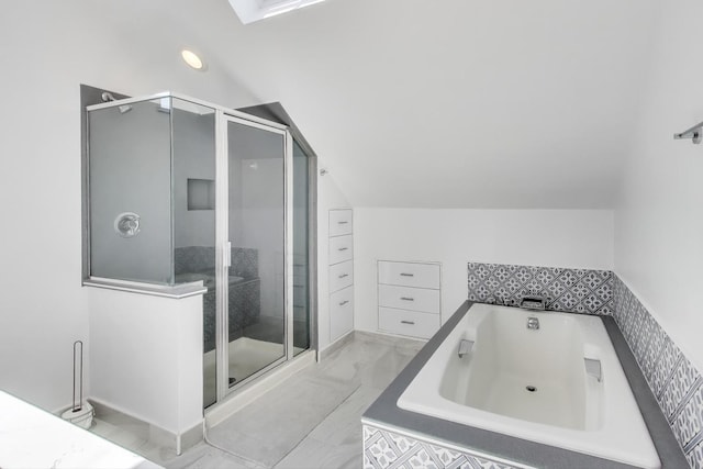 5921 N Navarre Ave, Chicago, IL 60631 - bathroom featuring vaulted ceiling, a bath, a stall shower, and marble finish flooring