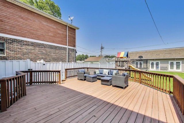 5921 N Navarre Ave, Chicago, IL 60631 - wooden deck featuring an outdoor hangout area, a playground, and french doors