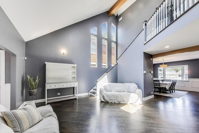 5921 N Navarre Ave, Chicago, IL 60631 - living room featuring high vaulted ceiling, stairs, and wood finished floors
