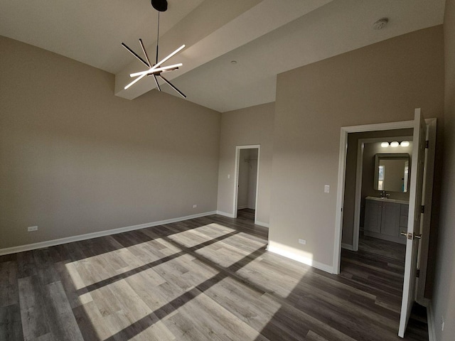 1221 Honey Lake Rd, Lake Zurich, IL 60047 - empty room featuring a chandelier, wood finished floors, a smoke detector, and high vaulted ceiling