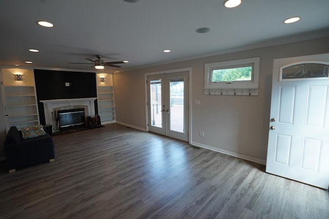 2304 Jay Ln, Rolling Meadows, IL 60008 - unfurnished living room with a ceiling fan, french doors, recessed lighting, wood finished floors, and ornamental molding