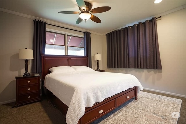 2304 Jay Ln, Rolling Meadows, IL 60008 - bedroom featuring dark colored carpet, ornamental molding, and ceiling fan