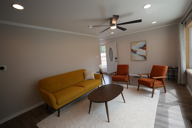 2304 Jay Ln, Rolling Meadows, IL 60008 - living room featuring light wood-type flooring, ceiling fan, recessed lighting, and crown molding