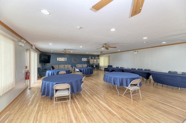 807 Harris Ln Unit 807, Romeoville, IL 60446 - living area featuring a ceiling fan, recessed lighting, light wood finished floors, and ornamental molding
