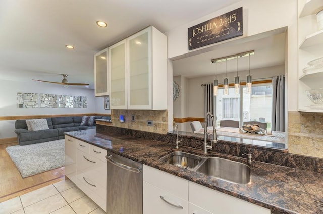 807 Harris Ln Unit 807, Romeoville, IL 60446 - kitchen with stainless steel dishwasher, dark stone counters, white cabinetry, ceiling fan, and recessed lighting