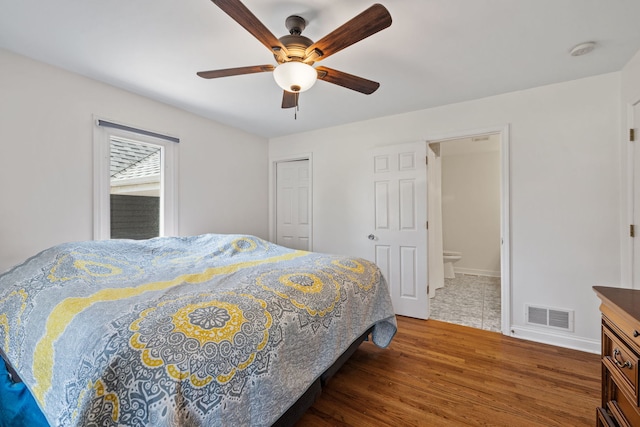 12351 W Warren Dr, Mokena, IL 60448 - bedroom featuring wood finished floors, a ceiling fan, and ensuite bath