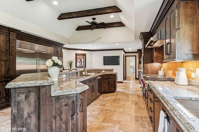 1899 Hilltop Ln, Bannockburn, IL 60015 - kitchen featuring appliances with stainless steel finishes, stone tile flooring, recessed lighting, decorative backsplash, and ceiling fan