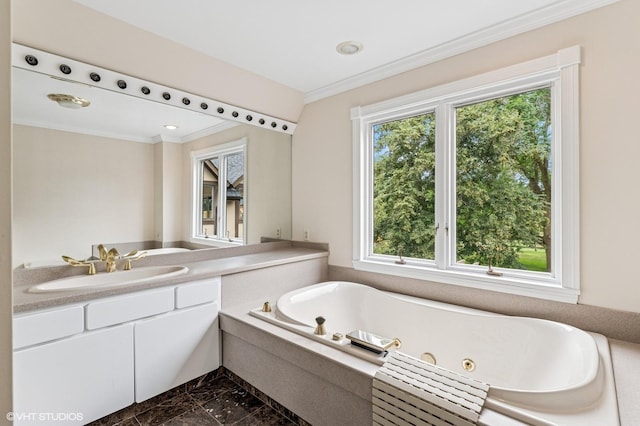1899 Hilltop Ln, Bannockburn, IL 60015 - bathroom with marble finish flooring, crown molding, a jetted tub, and vanity