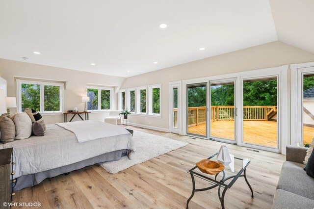 1899 Hilltop Ln, Bannockburn, IL 60015 - bedroom with access to outside, lofted ceiling, light wood finished floors, and recessed lighting