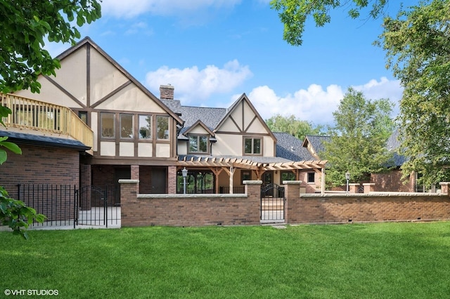 1899 Hilltop Ln, Bannockburn, IL 60015 - back of property featuring a gate, stucco siding, brick siding, a pergola, and a chimney