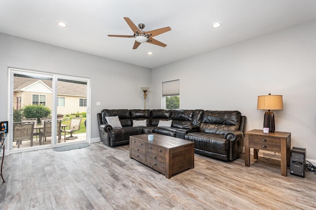 15710 S Cove Cir, Plainfield, IL 60544 - living room featuring a ceiling fan, light wood finished floors, healthy amount of natural light, and recessed lighting