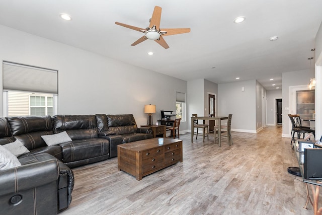 15710 S Cove Cir, Plainfield, IL 60544 - living room featuring a ceiling fan, light wood-style flooring, plenty of natural light, and recessed lighting