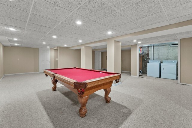 11257 Melrose Ct, Orland Park, IL 60467 - rec room with washing machine and clothes dryer, carpet floors, recessed lighting, pool table, and a drop ceiling