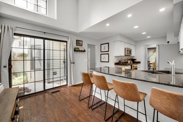 826 N Auburn Woods Dr, Palatine, IL 60067 - kitchen featuring appliances with stainless steel finishes, white cabinetry, dark wood-style flooring, dark stone counters, and a peninsula