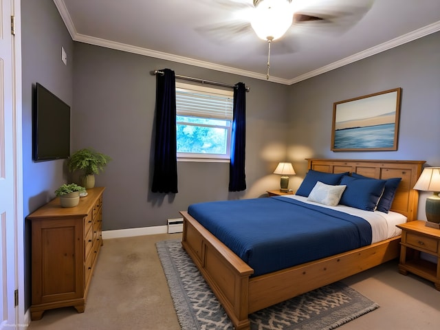 108 Janet Ave, Rochelle, IL 61068 - bedroom with light carpet, ornamental molding, ceiling fan, and a baseboard radiator