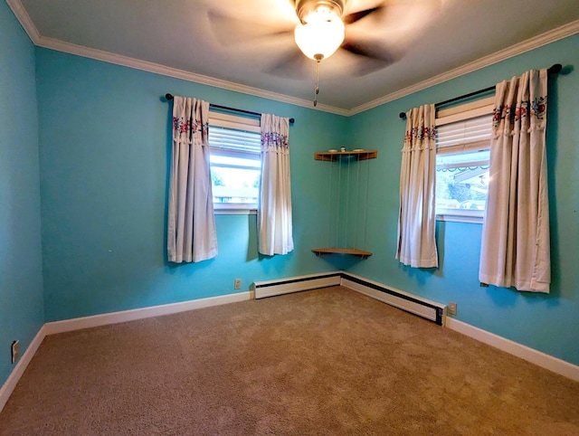 108 Janet Ave, Rochelle, IL 61068 - carpeted spare room featuring plenty of natural light, crown molding, ceiling fan, and a baseboard radiator