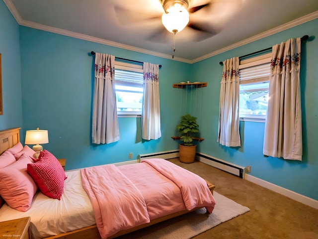 108 Janet Ave, Rochelle, IL 61068 - carpeted bedroom with multiple windows, crown molding, ceiling fan, and a baseboard heating unit