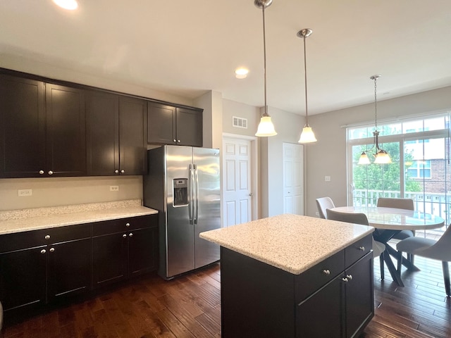 4182 Royal Mews Cir, Naperville, IL 60564 - kitchen featuring stainless steel fridge with ice dispenser, dark wood-style flooring, hanging light fixtures, a kitchen island, and recessed lighting