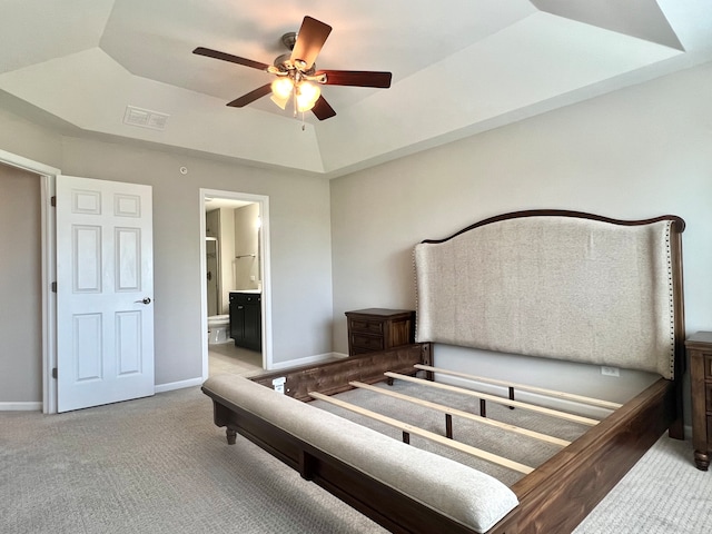 4182 Royal Mews Cir, Naperville, IL 60564 - bedroom with carpet floors, a tray ceiling, ensuite bathroom, and ceiling fan
