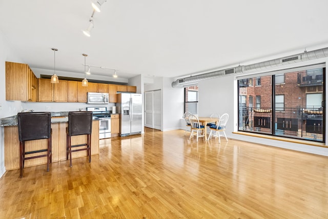 4537 S Drexel Blvd Unit 504, Chicago, IL 60653 - kitchen with appliances with stainless steel finishes, track lighting, light wood-style flooring, brown cabinets, and a peninsula