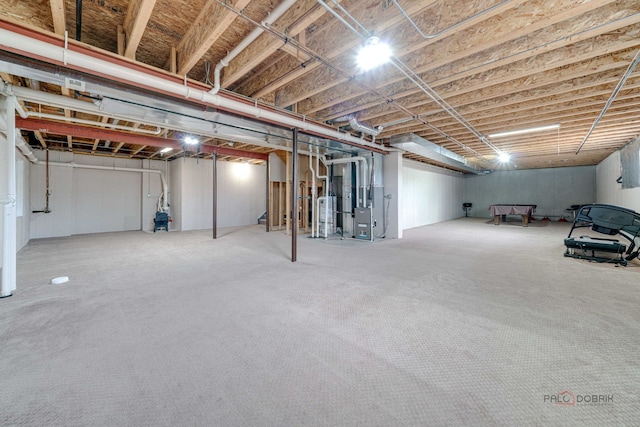 621 Blazing Star Dr, Lake Villa, IL 60046 - unfinished below grade area with gas water heater, carpet floors, heating unit, and stairs
