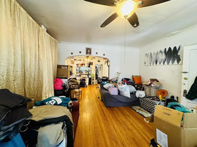 5221 W Montrose Ave, Chicago, IL 60641 - bedroom featuring wood finished floors, ornamental molding, and ceiling fan
