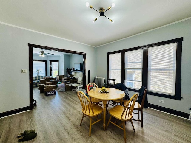 5221 W Montrose Ave, Chicago, IL 60641 - dining area with wood finished floors, healthy amount of natural light, ornamental molding, and a chandelier