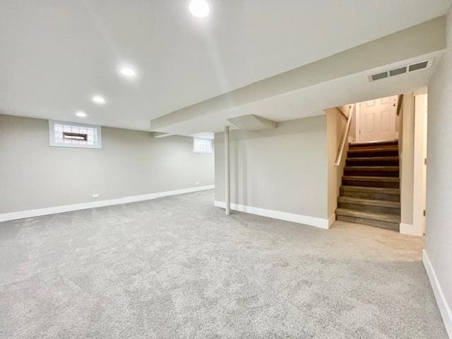 10049 S Calhoun Ave, Chicago, IL 60617 - below grade area with stairs, recessed lighting, carpet floors, and plenty of natural light